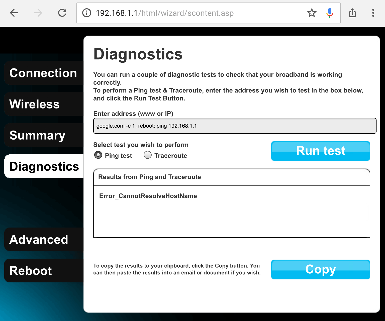 Attempt reboot injection on ping field